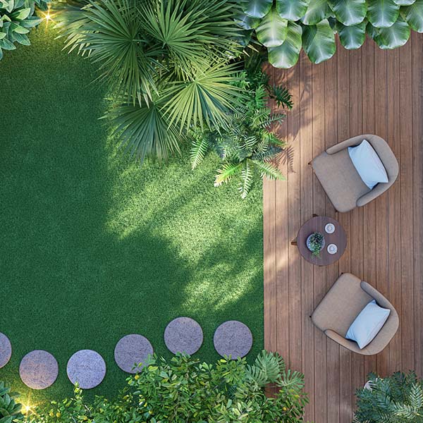Top view wooden terrace with tropical style green garden 3d render llustration